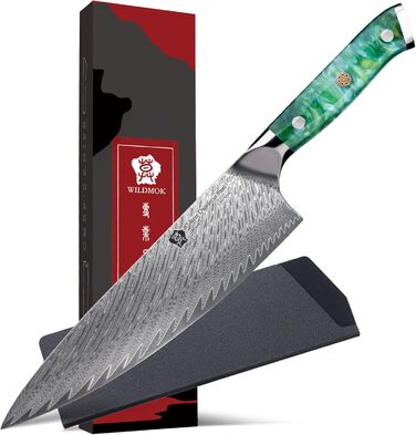 Японський ніж WILDMOK Santoku 20см з дамаської сталі, VG10, ручка з зеленого пластику
