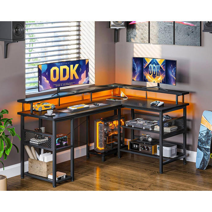 Ігровий стіл ODK з LED-підсвіткою, реверсивний, з 2 розетками та 2 USB-портами, кутовий, з сітчастою полицею, чорний, 150×102 см