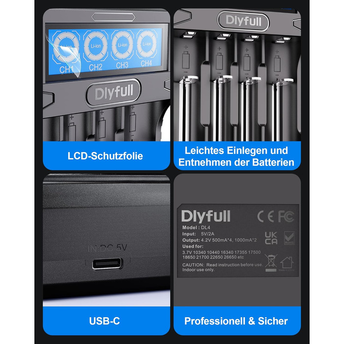 Зарядний пристрій Dlyfull 18650 Universal LCD для Li-ion акумуляторів 3.7V (18650, 21700, 26650, 22650, 20700, 16340, 14500) USB-C, 4 слоти