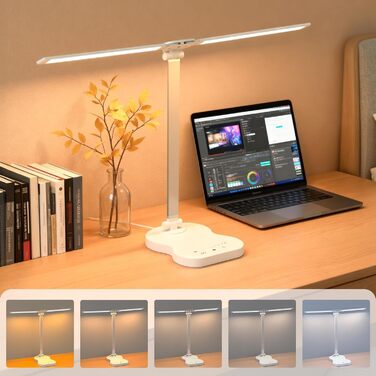 Стійка лампа для робочого столу з двома регульованими головками, 5 режимів кольору, 10 рівнів яскравості, сенсорне керування, таймер 45 хв, диммування, для дому, офісу, читання, навчання - біла