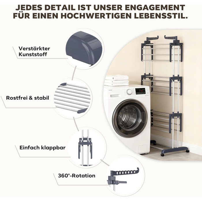 Сушарка для білизни Tower на коліщатках: 4-ярусна, з нержавіючої сталі, з 6 відкидними крилами та 2 боковими сторонами для обертання | 76x50x172 см | Компактна, складна, для балкону, ванної кімнати та саду | (Сірий)