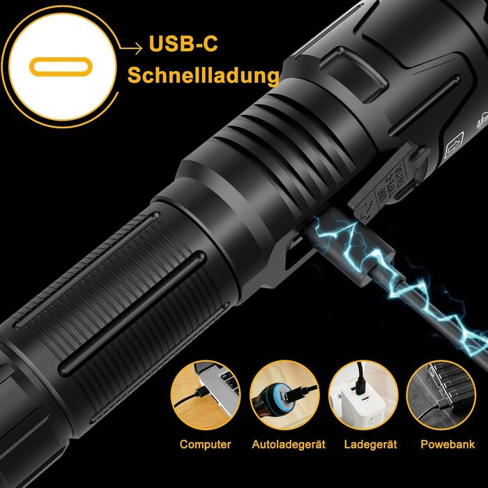 Ліхтарик BEYSTE LED акумуляторний, 500000 люмен, тактичний, USB-C, надяскравий для кемпінгу та надзвичайних ситуацій