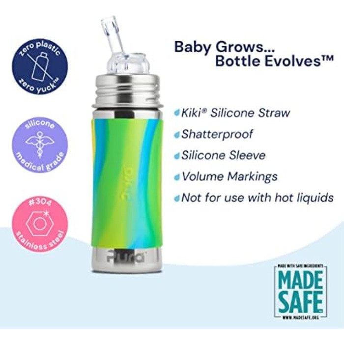 Pure stainless steel bottle with silicone straw & sleeve, aqua (plastic, BPA-free, non-toxic, certified)