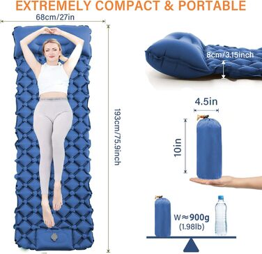 Каремат JINYOMFLY самонадувний туристичний, посилений, з насосом та подушкою, водонепроникний, ультралегкий для кемпінгу, піших прогулянок, відпочинку на природі (Блакитний)