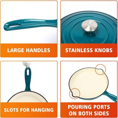 Набір чавунної емальованої посуду Denmay 7 предметів: голландська піч, сковорода, каструля для тушкування, соусник, 3 кришки. Підходить для всіх типів плит, з органайзером, блакитний