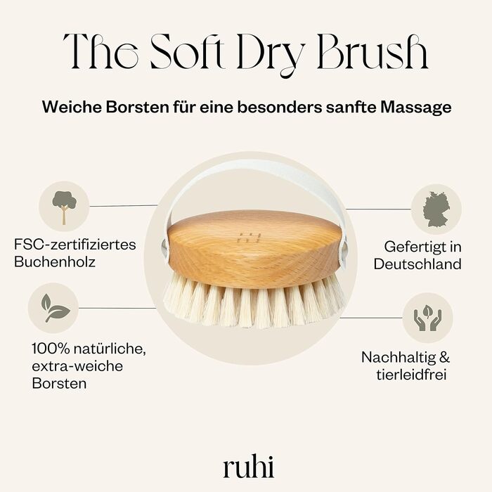 RUHI Body Brush/Dry Brush SOFT 100% Natural Bristles/Made in Germany, regional beechwood & plastic-free for dry brushing massage (dry brush), lymphatic drainage against cellulite