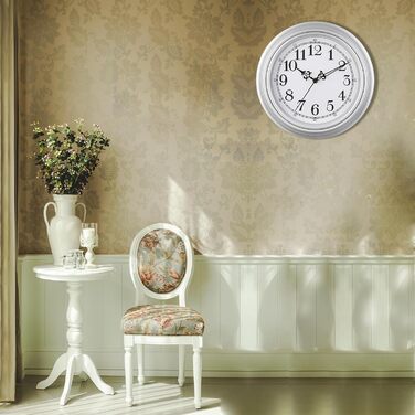 Plumeet Extra Large Wall Clock Classic Quiet Wall Clock without Ticking for Living Room - Bedroom - Battery Operated (Arabic Numerals) (25cm, Silver)