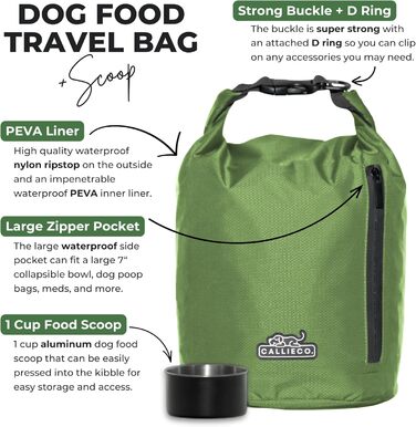 Трояк для корму для собак Callieco з лопаткою та кишеню на блискавці, водонепроникний контейнер для дому, подорожей на авто, кемпінгу, перельоту та іншого (64 порції) (64 чашки, зелений)