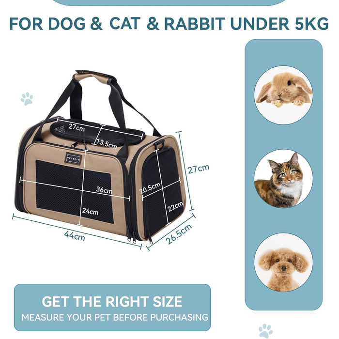 Транспортна переноска для котів та маленьких собак Petsfit, легка сумка-переноска для собак та котів, підходить для авіаперельотів, з захисним ременем та розкладною матрацом, S/Khaki