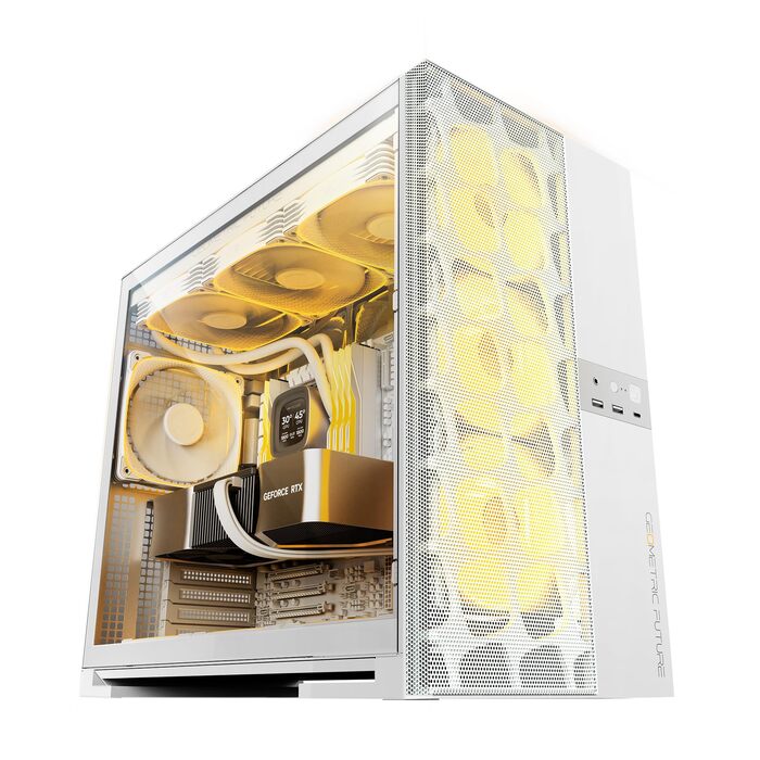 Корпус для ПК Geometric Future M5 Vent Mesh - ігровий Mid Tower з темним склом, підтримка E-ATX/ATX, висока циркуляція повітря, сталь 1.2 мм, Type C, радіатори 420/360, подвійний відсік, GEO-M5V-BY (Mesh версія з 5 вентиляторами 140x140, білий)