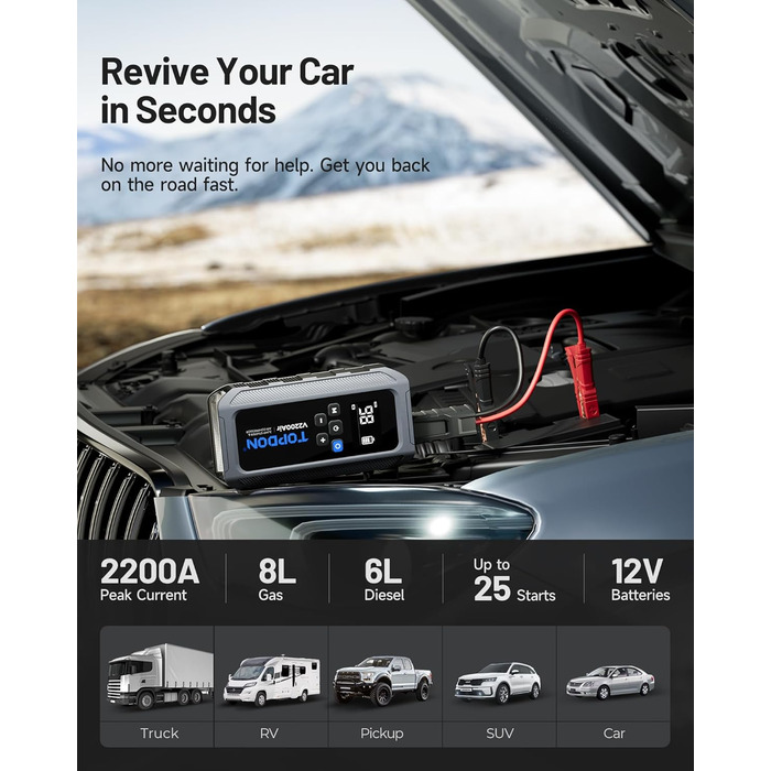 TOPDON V2200Air: Портативний стартер та компресор для авто (2200A, 150PSI)