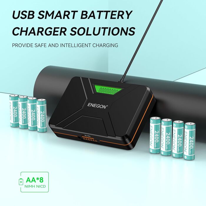 Зарядний пристрій ENEGON 8-Fach LCD для AA/AAA акумуляторів + 8 AAA Ni-MH 1100mAh + USB-C станція – для пультів, термометрів та електроніки