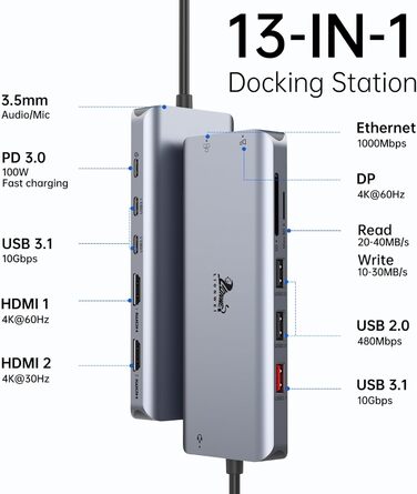 Док-станція USB-C 13-в-1 для ноутбука: 2 HDMI, DisplayPort, 100W PD, SD/TF, Ethernet, Audio/Mic (сірий)