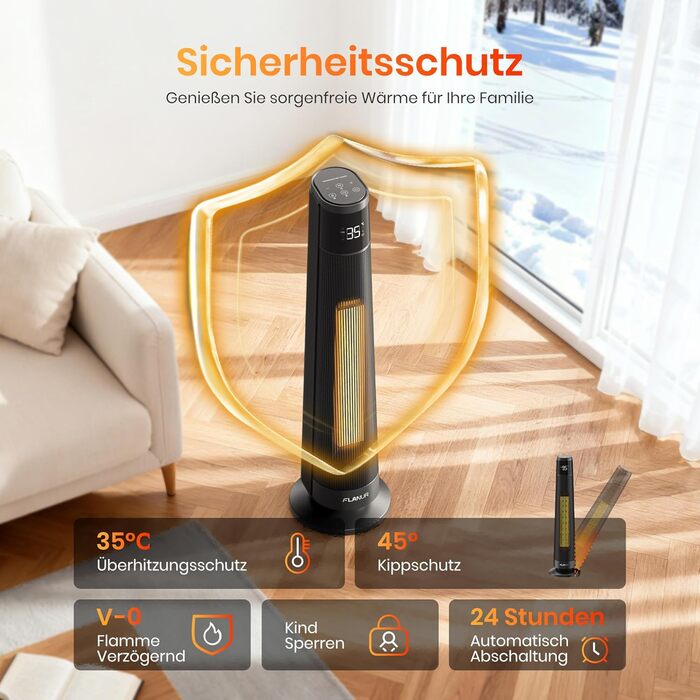 Електричний обігрівач PTC 2000W з керамічним нагрівачем, тихий, з термостатом та пультом керування, ECO режим, 70° осциляція, 12h таймер, захист від перегріву та перекидання, чорний, 1 шт.