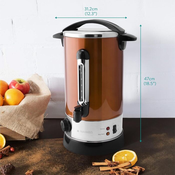 Navaris Mulled Wine Warmer/Hot Water Dispenser - Stainless Steel - with Thermostat, Fill Level Indicator, and Tap - Mulled Wine and Hot Beverage Dispenser (10 l, Copper)