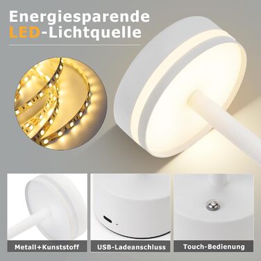 Настільна лампа акумуляторна LED 2 в 1: бездротова, димована, з USB-C зарядкою, сенсорна, для спальні, їдальні, офісу (біла)