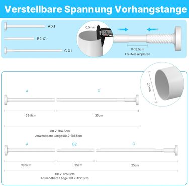 Штанга для карниза без свердління, 100-230 см, телескопічна, натяжна, для душу, вікна та балкону (біла)
