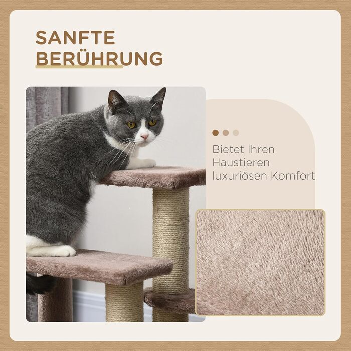 PawHut 3-Step Pet Staircase with Scratching Posts, Ball, Dog Staircase, Pet Staircase for Cats up to 5 kg, Plush Jute, White 45 x 40 x 48 cm (45L x 40W x 48H cm, Brown)