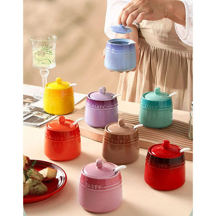 Colorful Ceramic Spice Jar, Spice Container, Sugar Bowl with Lid and Spoon - Red