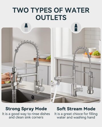 Сучасна кухонна змішувач Warmiehomy з LED-підсвічуванням, поворотний на 360°, з двома виливами, високий вигин, спіральна пружина, для мийки, з нержавіючої сталі, брашований нікель