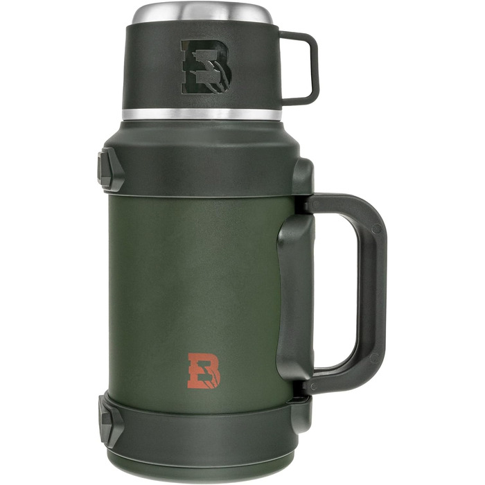 Термос Badger Outdoor Big Boy 1.3L з нержавіючої сталі з ситом для чаю | Вакуумна ізоляція, система One Touch, 24 години збереження тепла, ремінь, оливковий зелений