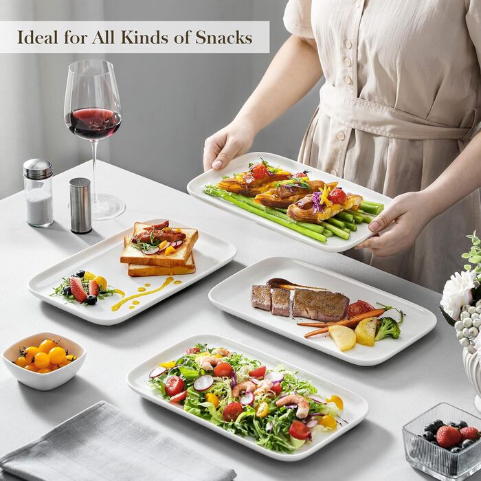 MALACASA Porcelain Serving Platter, Serving Tray 4-Piece Set, Rectangular Large Serving Platter for Buffets, Sushi, Cakes, Appetizers at Home/in Restaurant, 30 x 18 cm White (White, 4-Piece)