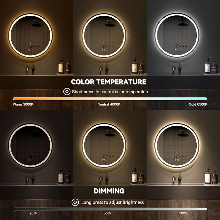 Дзеркало для ванної кімнати Dripex круглої форми з підсвічуванням LED, сенсорне керування, регулювання яскравості, 3 кольори світла, запобігання запотіванню, 60x60 см (Bluetooth, запобігання запотіванню, 3 кольори, регулювання яскравості)