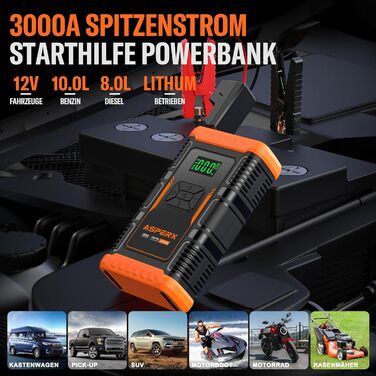 Powerbank з компресором ASPERX Starthilfe: 150PSI, 3000A, LED ліхтарик, для 12V авто, мото, SUV (до 10L бензину або 8L дизеля)