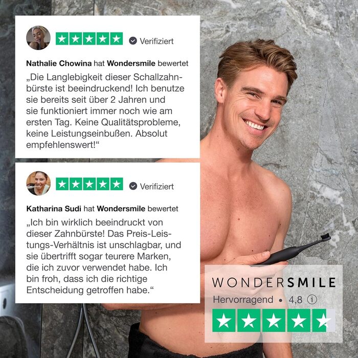 Електрична зубна щітка Wondersmile PRO - Тест-переможець 2025 - 100 днів без ризику - TÜV-сертифікована, 4 режими, акумулятор 60 днів, смарт-насадка, 1 шт. (Ultimate Black Bundle)