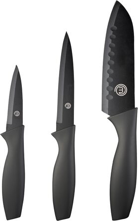 Набір кухонних ножів MasterChef: кухонний, овочевий, для чищення, нержавіюча сталь, антипригарне покриття, Soft-Touch ручки, чорний, 3 шт.