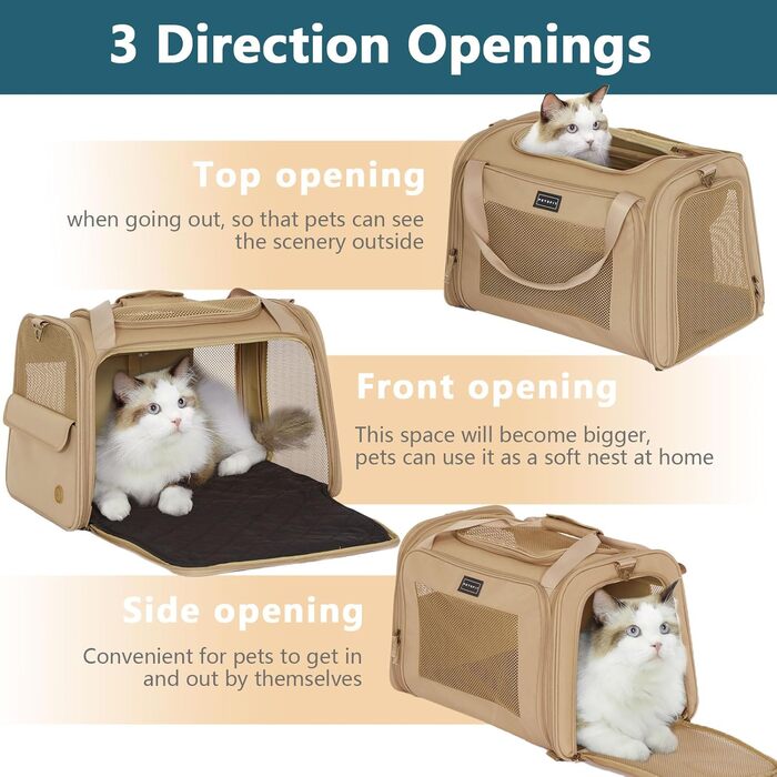 Транспортна переноска для котів та собак Petsfit, складана сумка-переноска, 50L x 33B x 33H см, з м'яким розкладним килимком та регульованим плечовим ременем, Khaki