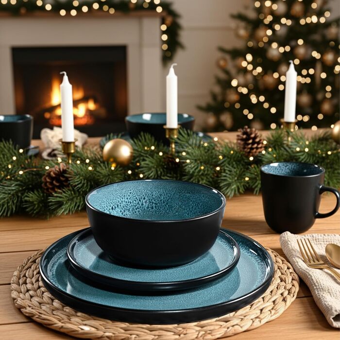 Набір посуду SÄNGER Vigo (18 предметів) | Керамічний набір посуду на 6 осіб | Тарілки, миски, десертні тарілки | Bluе з чорним бордюром, стійкий до подряпин