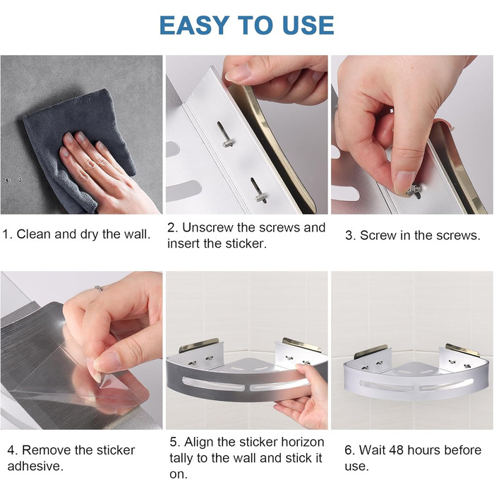 Поличка для душу без свердління, кутова, 2 шт., срібна, алюміній. Органайзер для ванної кімнати з 4 гачками. Підходить для ванної та кухні