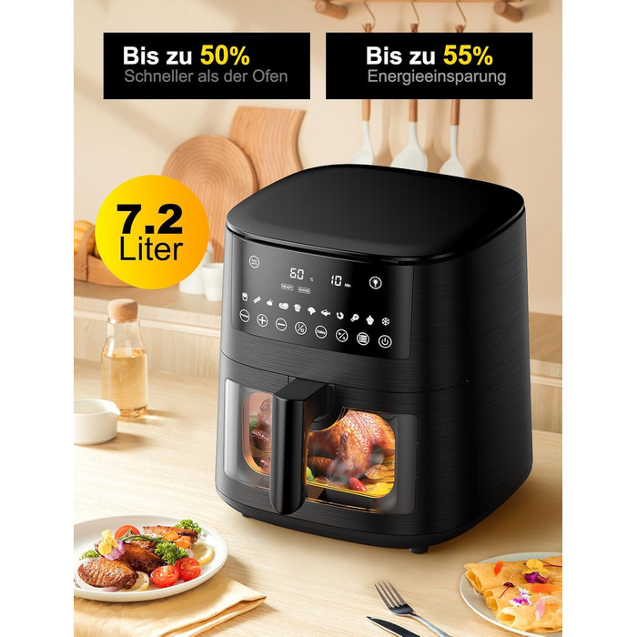 Фритюрниця повітряна Airfryer 7.2L, 11-в-1 з вікном, функція підігріву, розморожування, нагадування про струшування та таймер, здорова без олії, приготування з низьким вмістом жиру