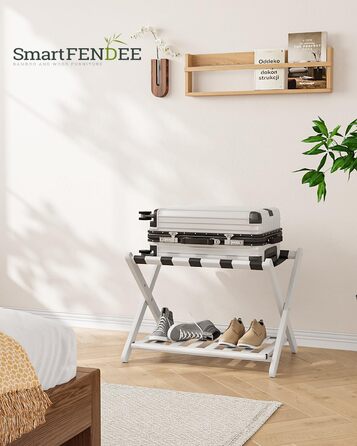 Fully assembled bamboo luggage rack with 5 straps, 2-tier foldable suitcase stand, wide wooden luggage rack, foldable luggage shelves, ideal for guest rooms, bedrooms, hotels, (100% solid bamboo)