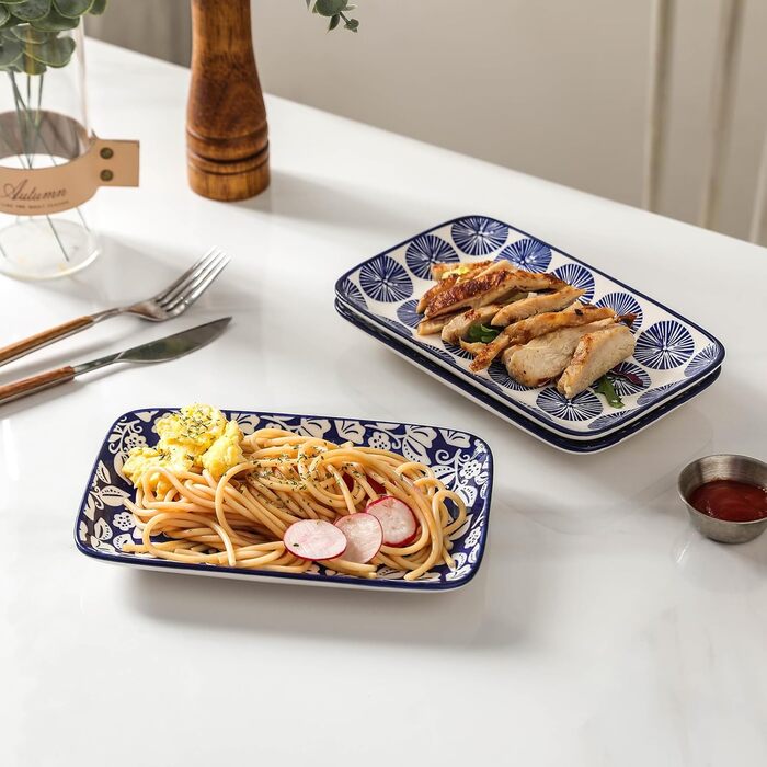 Набір сервірувальних тарілок Selamica Keramik, прямокутні, 4 шт, 24 см, для закусок, суші, фруктів, вінтажний блакитний колір