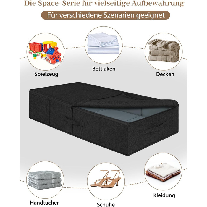 Коробки для зберігання під ліжко MePure, 2 шт. – 50л, складані, з кришкою та блискавкою, сірі. Підходять для одягу, ковдр, постільної білизни, подушок. Розмір 76×38×17 см