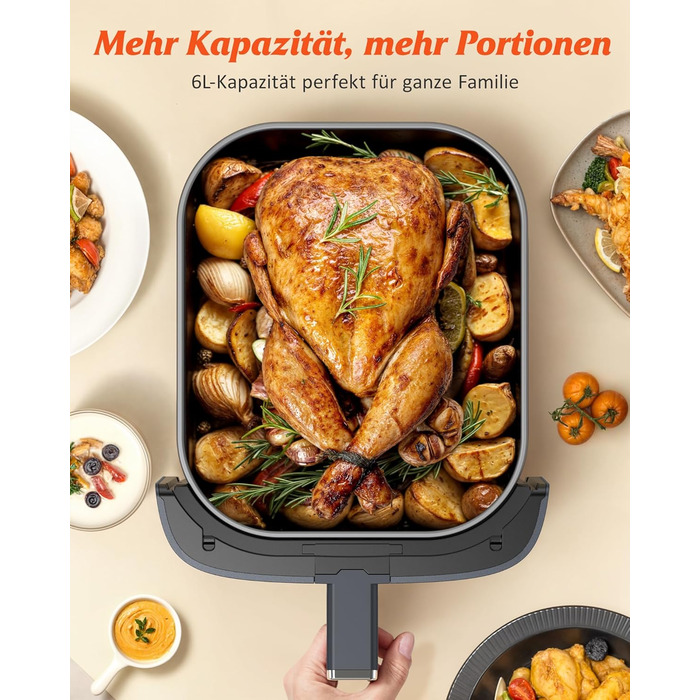 Аерофритюрниця Innsky 6 л, 8-в-1, електрична Heißluftfritteuse XXL, 1500 Вт, LED-сенсор, енергоощадна, тиха (50 дБ), для 3-5 осіб, сіра, квадратна, можна мити в посудомийці