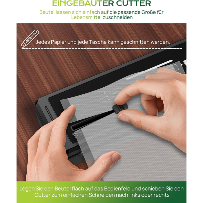 Вакуумний пакувальник 5-в-1 для продуктів харчування: сухий/вологий режим, зберігає свіжість до 7 разів довше, 70 кПа, вбудований різак, шланг, 10 пакетів