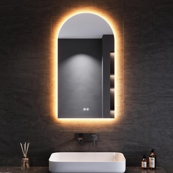 Дзеркало для ванної кімнати SONNI з підсвічуванням 80x60 см, 3 кольори світла, проти запотівання, LED, сенсорне керування, годинник, температура, 3-кратне збільшення