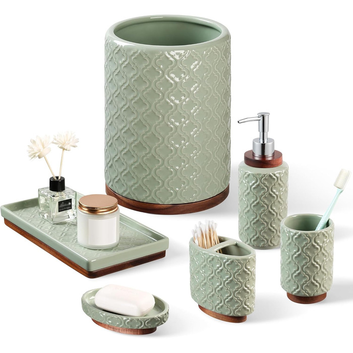 Набір аксесуарів для ванної кімнати з діамантами: тримач для зубних щіток, дозатор мила, контейнер для ватних паличок, стакан для зубної пасти, мильниця, 5-ти частинний, білий з діамантами (зелений, 6 шт.)