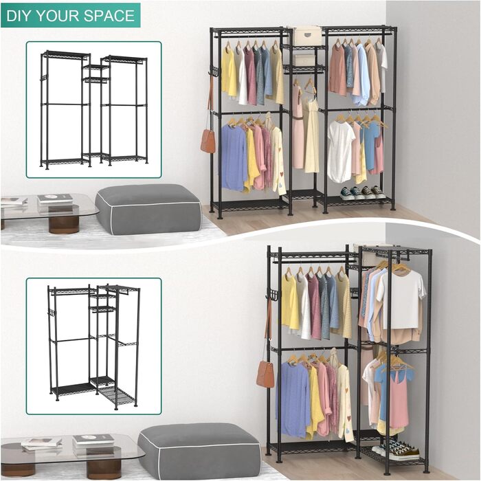 Clothes Rack, Clothes Rack, 4-Tier, Adjustable Closet Organizer System with Drawer | Double Rods | Side Hooks | Holds 445 lbs (L-shaped Clothes Rack for Corners)