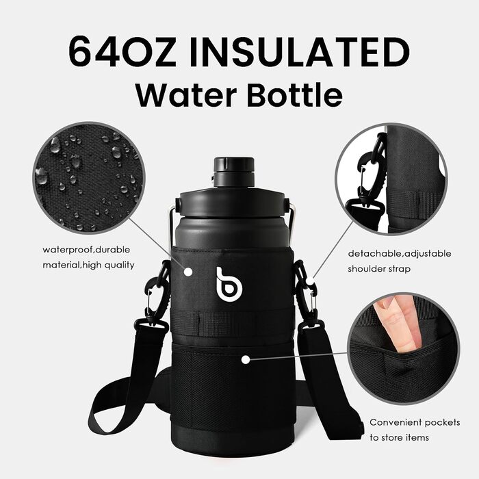 BOTTLE BOTTLE Insulated Water Bottle, 1.8L, with Straw and Double Lid, Half-Gallon Water Jug, Stainless Steel, for Workout and Sports, Insulated Growler with Handle, Black