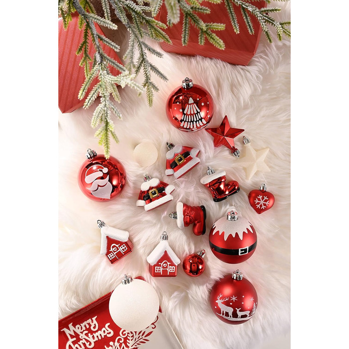 Набір ялинкових прикрас Valery Madelyn 50 шт. - кульки з пластику, червоно-білі, для ялинки, святкова декорaція