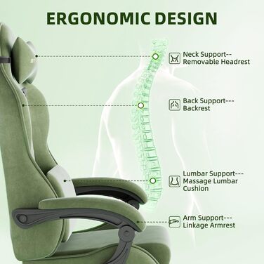 Геймерське крісло Ferghana Ergonomisch LW210: зручне крісло для комп'ютера з підголівником, подушкою для попереку, підлокітниками та підставкою для ніг (Зелений)