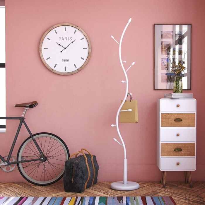 Versa Swindon Minimalist Coat Rack for Entryway, with 9 Hooks for Clothes or Bags, Dimensions (H x W x D) 185 x 32 x 32 cm, Metal, Color: White