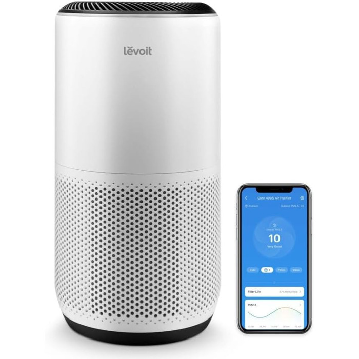 Повітряочищувач LEVOIT Core 400S з HEPA-фільтром та активованим вугіллям, для алергіків, до 90 м², тихий, PM2.5, автоматичний режим, керування через додаток та Alexa, сріблясто-білий