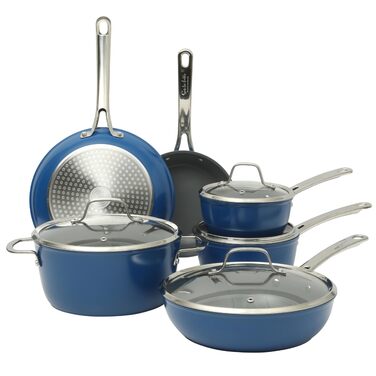 Набір посуду Sur La Table Kitchen Essentials 10 предметів: каструлі та сковороди з титано-керамічним антипригарним покриттям, індукція, без PFA, синій