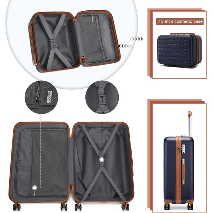 Валіза-тележка KONO з жорстким корпусом, 76x50x31 см, білий (блакитний, косметичка)