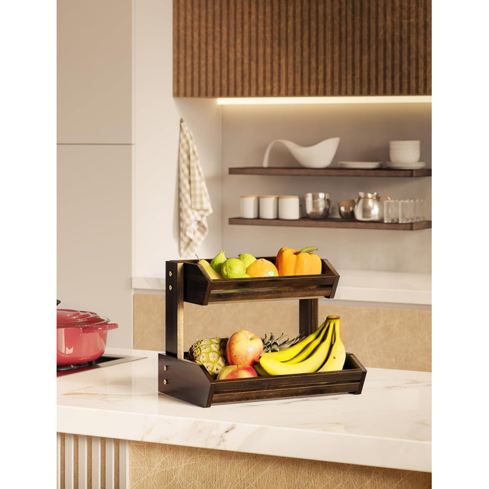 Двоярусна фруктова корзина HOLANA з дерева горіха для кухонного столу - органайзер для фруктів, овочів та закусок